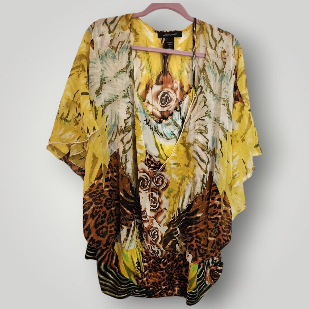 Ashley Stewart Women's PLUS 3X Multicolor Floral Animal Print Tank Blouse 2-Fer